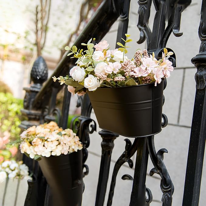 5 Pack Metal Hanging Flower Pots for Railing Fence，Outdoor Balcony Rail Planter with Garden Tools Detachable Hooks Drainage Holes for Deck Garden Home Decor Black