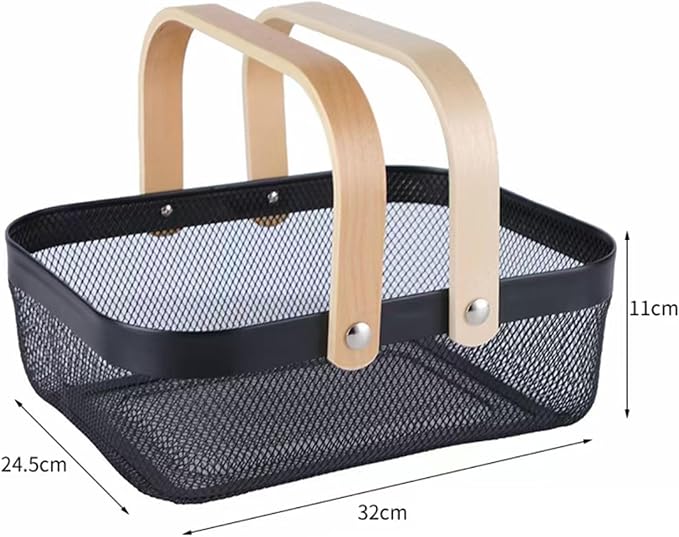 Metal Mesh Steel Basket, Storage Organizer Basket Garden Harvest Basket Multi-functional Kitchen Fruit Baskets Bin with Wooden Handle for Bathroom Picnic Shopping Decor Cabinet Home, Black