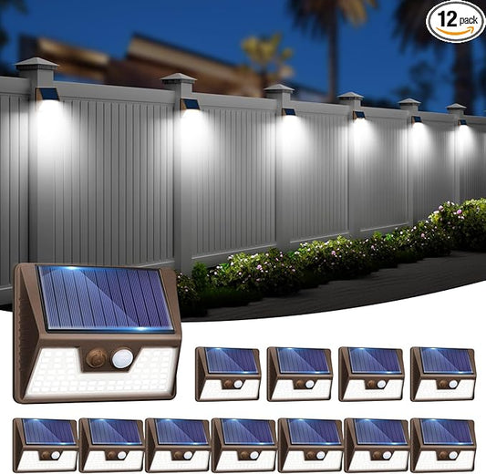 12 Pack Solar Fence Lights Waterproof, Motion Sensor Deck Lights Outdoor, Cold White LED Outside Lamp Wireless for Wall Yard Steps Stairs Garden - Brown