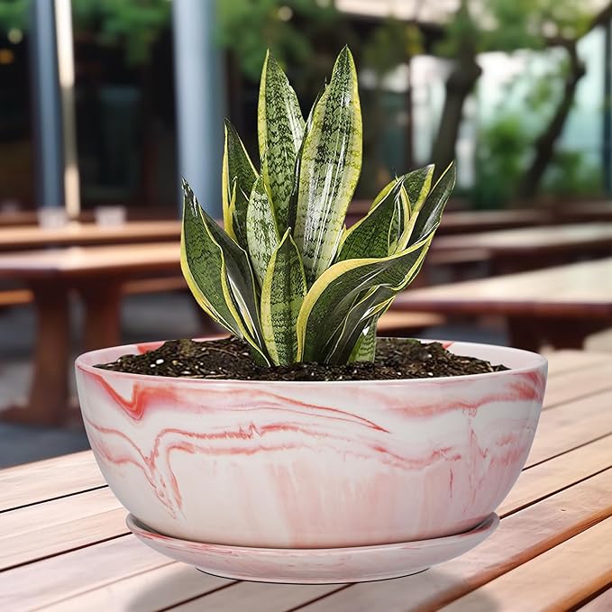 G EPGardening Large Ceramic Succulent Planter Pot with Drainage Hole and Saucer Large Marble Flower Pot for Plants Round Bonsai Planter Pot Indoor Outdoor Pink