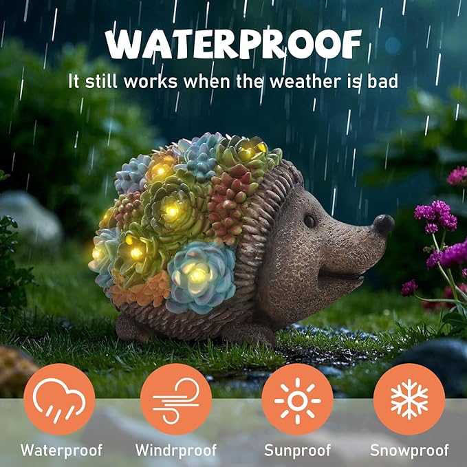Outdoor Solar Garden Hedgehog Statue Decorative Lawn Statue with Succulents and 7 LED Lights for Garden, Outdoor Patio and Terrace, Birthday Gift for Women, Unique