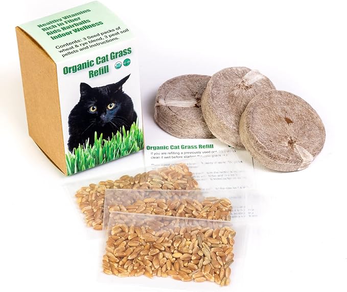 Cat Grass Refill Kit, Includes Seeds and Peat Soil Pellets, 3 Pack, Certified Organic (3 Seed Packs)