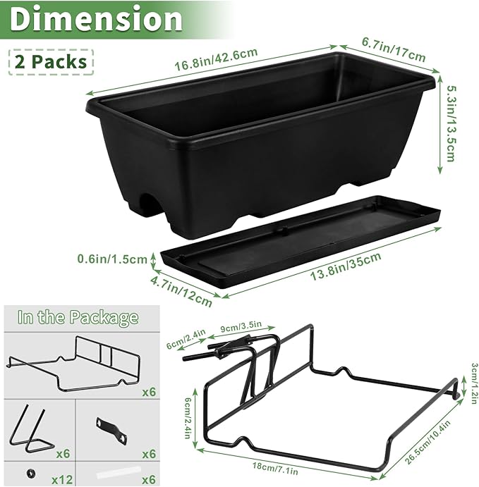 HAITRAL Hanging Planters for Outdoor Plants,Deck Railing Planter Boxes Countryside Style Window Boxes Planters, Balcony Flower Pots Plastic Railing Planter with Metal Brackets for Fence,Black 2 Pcs