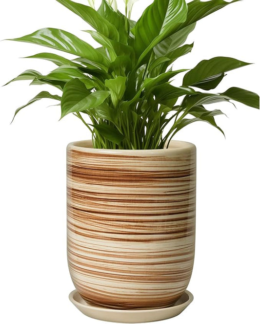 8 Inch Plant Pot, Ceramic Planter for Outdoor Plants, Large Plant Pot Indoor with Drainage Hole and Saucer, Modern Flower Pot for Home Garden Decor Yellow