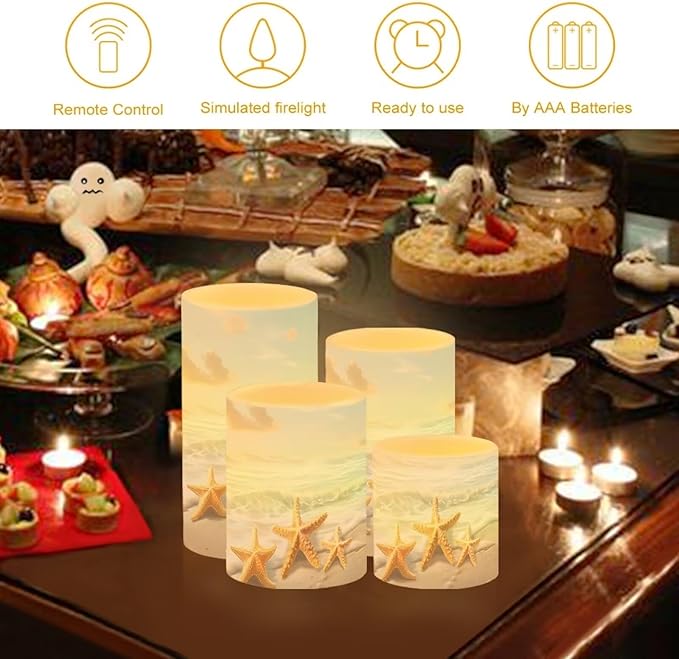 Flameless LED Candle Electric Pillar Candle with Remote Timer Color Changing Control Long Lasting Pack of 4 for Tabletop Coastal Home Indoor Decoration, Beach Gold Starfish