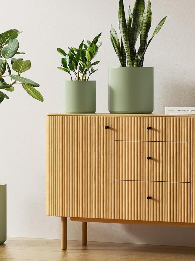 LE TAUCI Large Plant Pots Set, 10/8/6 Inch Ceramic Planters for Indoor Plants, Mid-Century Modern Flower Planter Pots with Drainage Hole and Plug, Round Planter, Set of 3, Reactive Glaze Olive Green