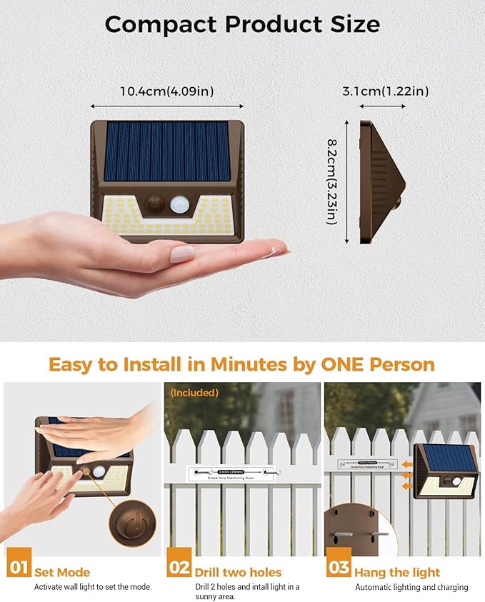 12 Pack Solar Fence Lights Waterproof, Motion Sensor Deck Lights Outdoor, Cold White LED Outside Lamp Wireless for Wall Yard Steps Stairs Garden - Brown