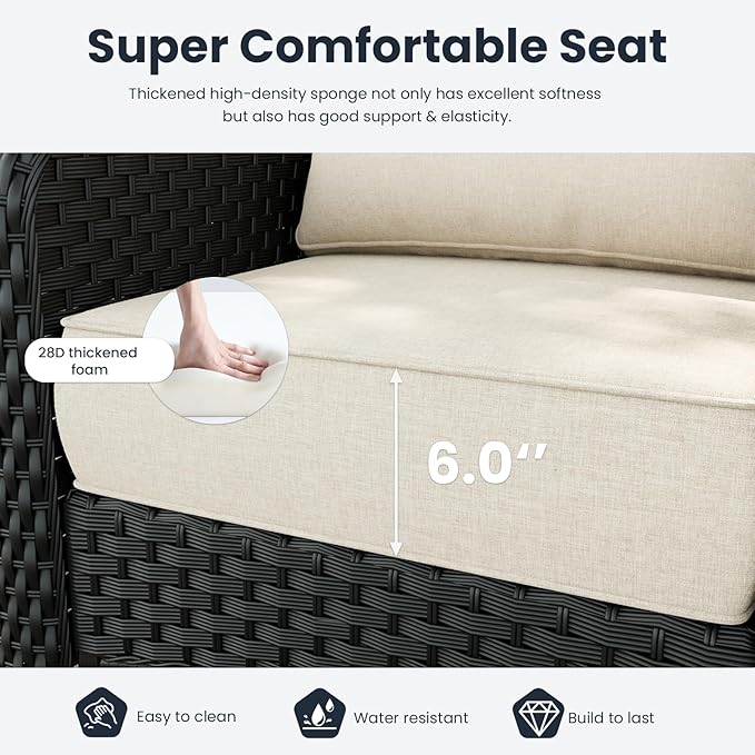 6 Pieces Outdoor Patio Furniture Sets with Rocking Swivel Chairs with 6-inch Thick Cushion and Side Table for Deck Lawn