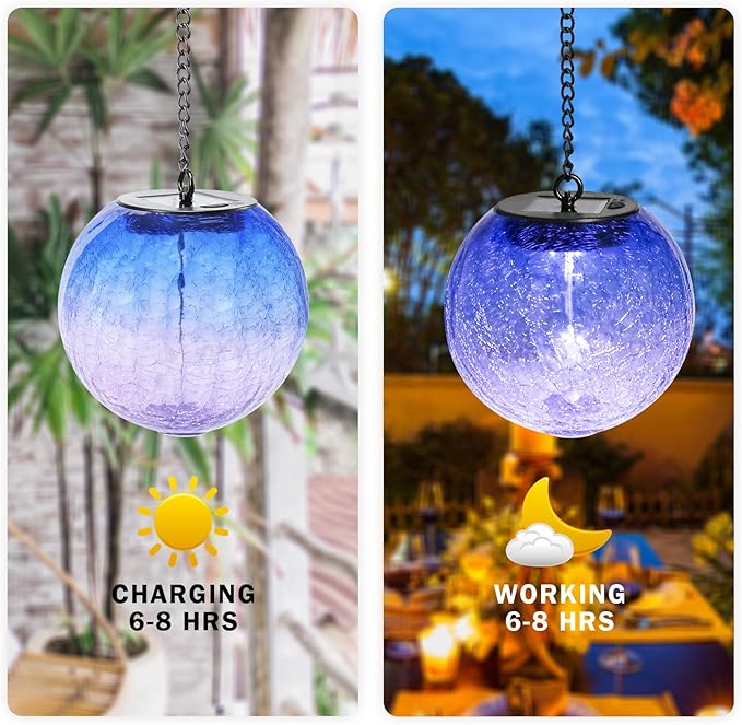 Hanging Solar Lights Outdoor Solar Lanterns Outdoor Decorative Cracked Glass Ball Lights Solar Powered Waterproof LED Globe Lantern for Outdoor Porch Patio Garden Decor Gift Purple