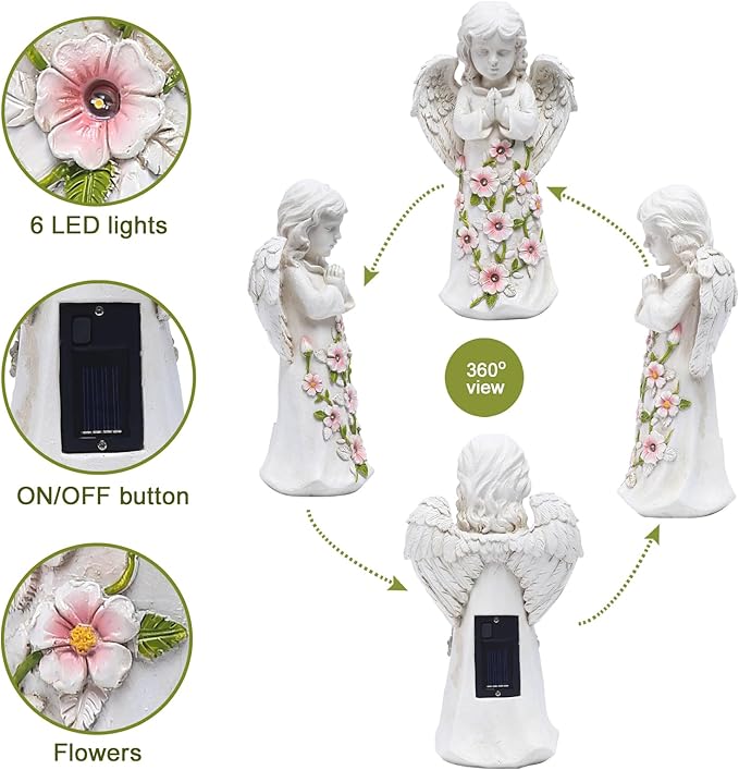 Nacome Solar Garden Outdoor Statues Angel with Succulent and 7 LED Lights – Lawn Decor for Patio, Balcony, Yard Ornament - Unique Housewarming Gifts