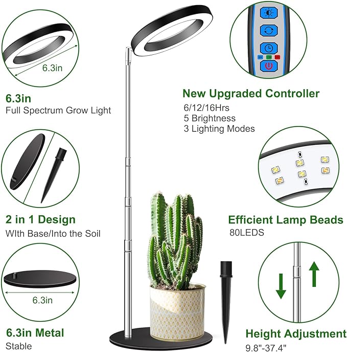 Grow Lights for Indoor Plants Full Spectrum, 80 LEDs Plant Light for Indoor Plants, Height Adjustable Desktop Growing Lamp with Auto Timer 6/12/16Hrs, 3 Optional Spectrums,5 Brightness,2 Packs