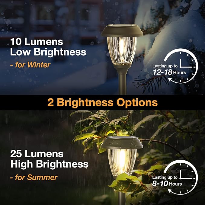 XMCOSY+ Solar Lights Outdoor 10/25 LM LED with 2 Lighting Modes, Solar Garden Lights Glass and Metal, IP65 Waterproof Solar Powered for Yard Pathway Walkway Driveway Patio (6 Pack, Warm White)