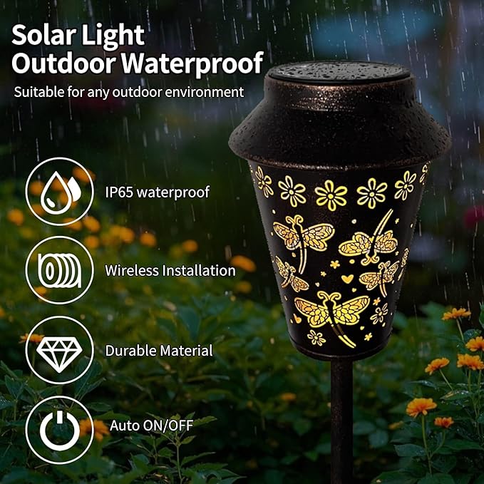 Solar Pathway Lights, Dragonfly Metal Copper Lantern for Yard, Garden, Walkway, Lawn and Patio Decor, Outdoor Waterproof Landscape Lighting Gifts for Women, Mom, Grandma
