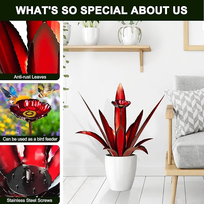 Upgraded Large Metal Yard Art, Metal Agave Plant Yard Decorations Outdoor Sculpture, Metal Flowers for Outside, Waterproof Outdoor Garden Decor (Red + Bird Feeder)
