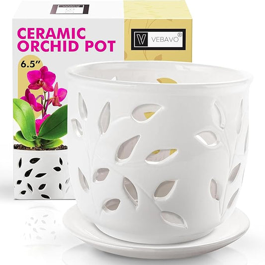 Orchid Pot with Holes & Saucer Ceramic 6.5 in. Indoor or Outdoor Large Pot for Orchid Care & Root Health with Precise Aeration & Drainage – Durable for Repotting or New Plants