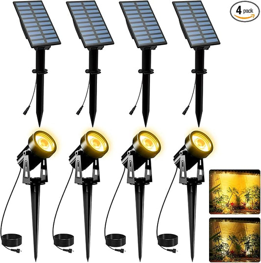 Solar Landscape Spotlights 4 Pack Warm White 3000K, T-SUNUS IP65 Waterproof Outdoor Solar Spot Lights for Yard 9.8ft Cable, Separated Panel Garden Light for Flag Driveway Porch Walkway Pool Patio Pond