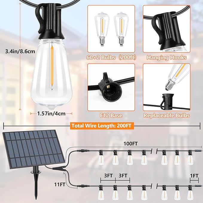 Bosceos Solar Outdoor String Lights Waterproof, 200FT Solar Powered String Lights for Outside with Shatterproof Bulbs, Dimmable ST38 LED Lights String, Patio Hanging Lights for Backyard Garden Party