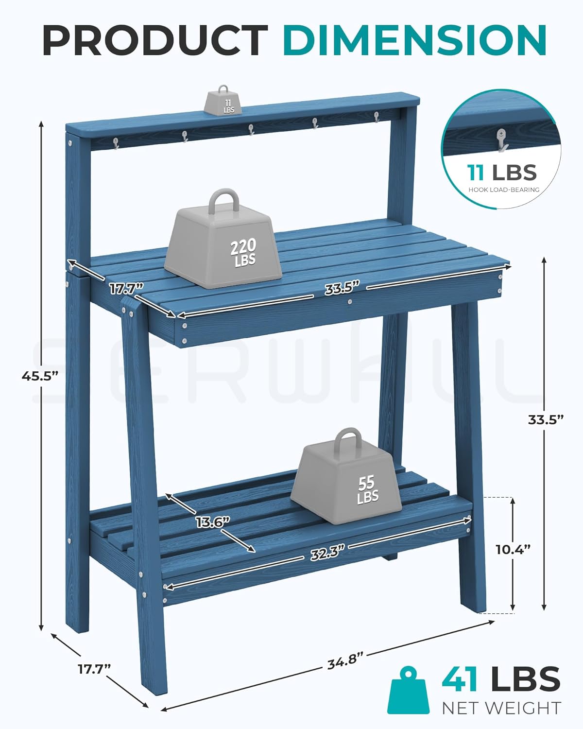 SERWALL Potting Bench Outdoor with Storage Set of 2, 3-Tier HDPE Gardening Table with Angled Legs & Tool Hooks, All-Weather Heavy Duty Potting Table for Patio, Backyard, Garden, Blue