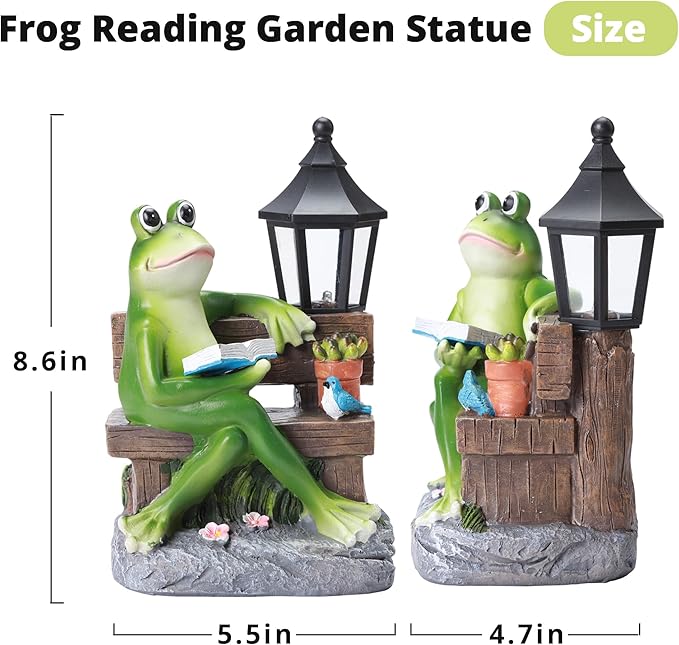 Outdoor Resin Reading Frog Statues, Solar Frog Garden Statues, Garden Frogs Outdoor Decor for Lawn, Balcony, Yard Decoration, Frog Gifts for Mom, Grandma, Wife