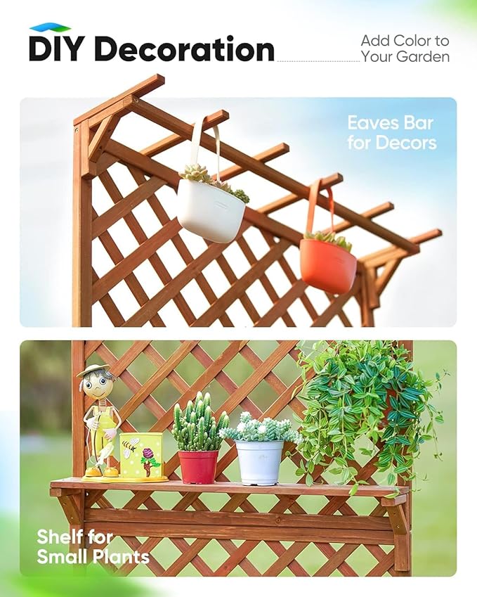 Quictent Raised Garden Bed Wood Planter Box with Lattice Trellis for Vine Climbing Plants Flower Free-Standing, for Patio Garden Indoor Outdoor 29x12x70 in