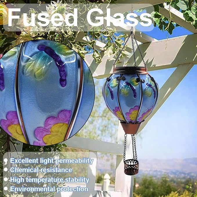 Hot Air Balloon Solar Lantern with Flickering Flame, Glass Hanging Garden Lights Outdoor Waterproof for Tree Yard Patio Mother's Day Gift, 18" H Dragonfly