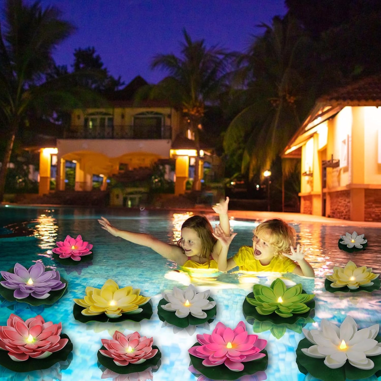 12 PCS Waterproof Floating Lotus Light - Diwali Floating Flower Light Battery Operated Water Activated Warm White Light Pool Flower Lamp Wedding,Anniversary,Garden Decoration(6 Inch, Mix-Color)