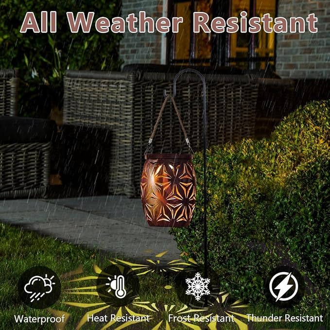 Solar Outdoor Lanterns with Floral Design，LED Garden Lights，Outdoor Solar Table Lantern Waterproof Brown Flower Hollowed，Table Lamp for Indoor/Outdoor Patio Porch Lawn Pathway Indoor