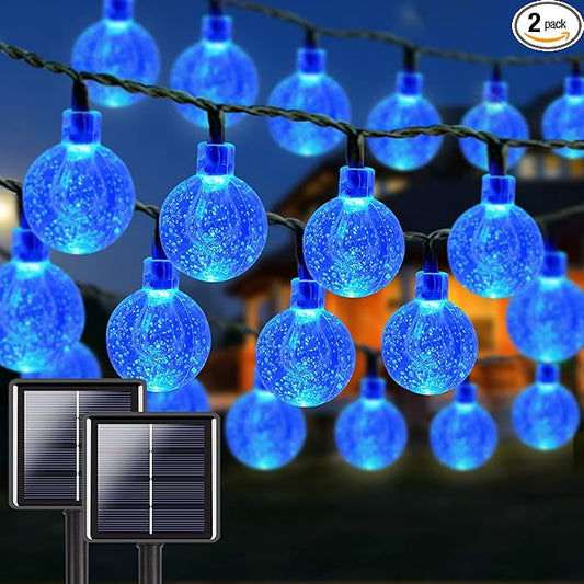 Blue 2-Pack 100 LED 64FT Crystal Globe Solar Christmas Lights, Outdoor Waterproof Solar String Lights with 8 Lighting Modes, Solar Outdoor Decorations for Tree Garden Patio Party Wedding Christmas