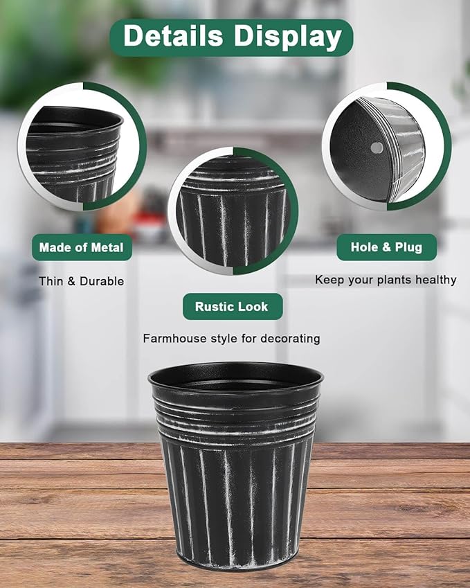 vensovo 7 Inches Black Metal Rustic Flower Pots - 6 Pcs Medium Galvanized Planters with Drainage Hole and Rubber Plug, Rustproof Tin Bucket Plant Pot Farmhouse Vintage Style for Decor
