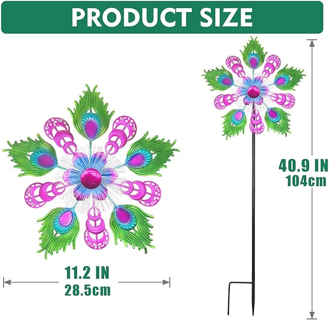 Solar Peacock Wind Spinners for Yard and Garden, 40 Inch Solar Windmill Garden Whirligig Kinetic Spinners Decor for Lawn,Patio&Yard, Metal Whirligigs Purple Wind Spinners Outdoor