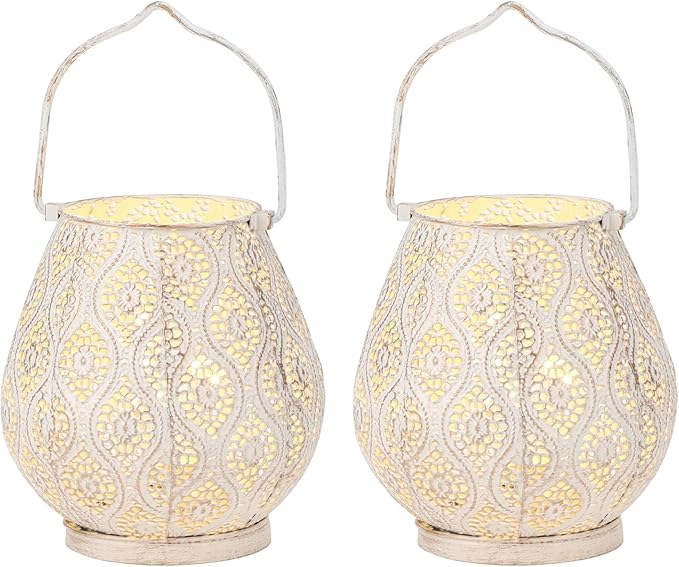TRIROCKS Set of 2 Moroccan Decorative Lamps 8'' High Battery Powered Cordless Lamp Metal Table Lamps with Fairy Lights Bulb for Home Living Room Garden Yard Party Events Tabletop Indoor Outdoor(White)