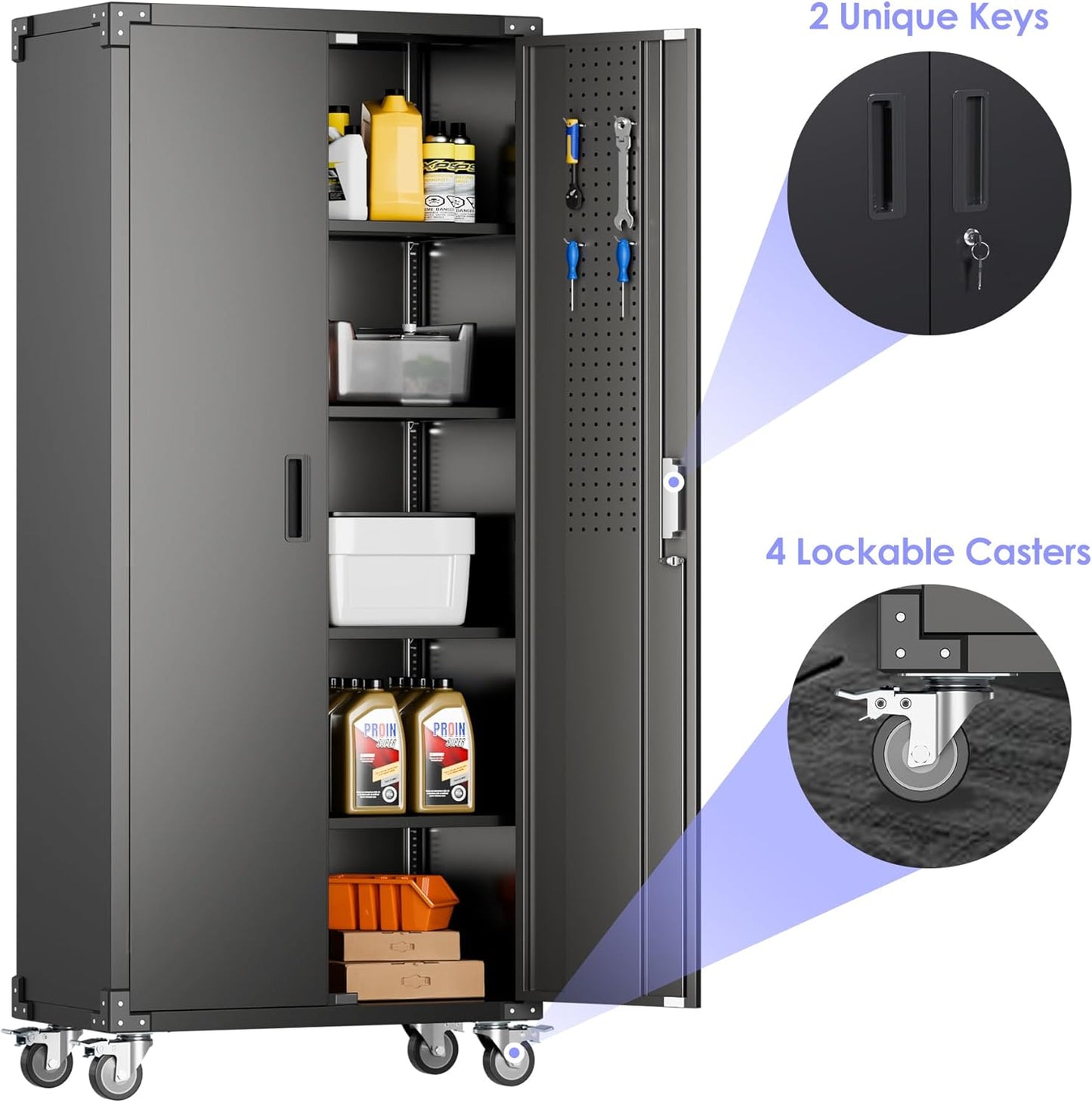 Metal Garage Storage Cabinet with Wheels & Pegboard,72In Lockable Steel Storage Cabinets with 2 Doors&4 Adjustable Shelves for Garage&Home,Assembly Required,Black