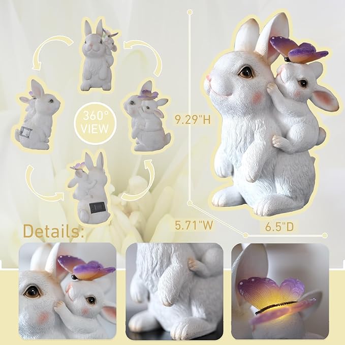 Garden Outdoor Statues Rabbit with Solar Lights,Mother&Baby Bunny Figurine with Solar Butterfly Changing Lights for Yard Art Garden&Patio Decor,Unique Easter&Birthday Gifts for Women Mom Grandma