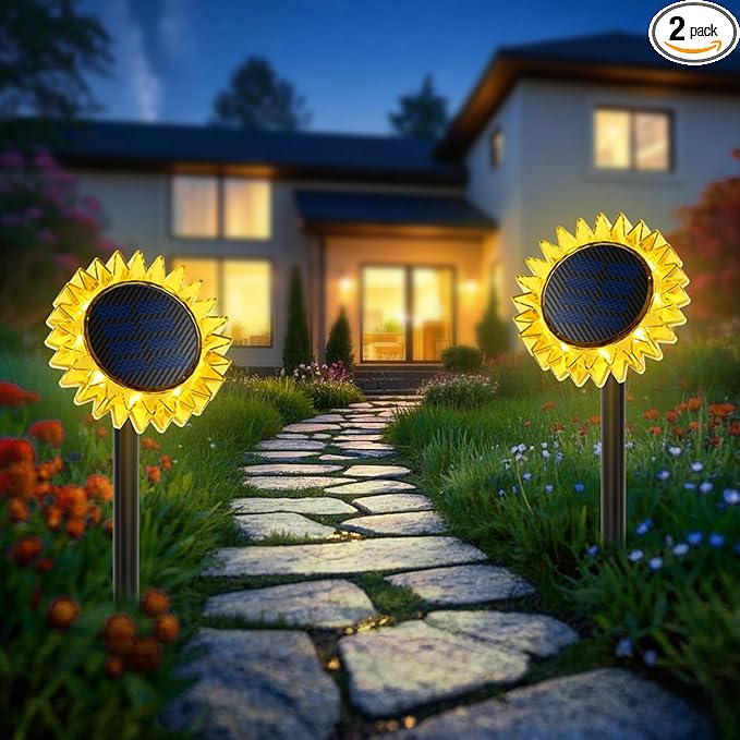 Outdoor Solar Lights, 2 Pack Led Solar Sunflower Lights, Stake/Wall 2-in-1 Waterproof Solar Garden Lights for Yard, Landscape, Fence, Patio, Driveway, Pathway, Backyard Decoration (Warm White)