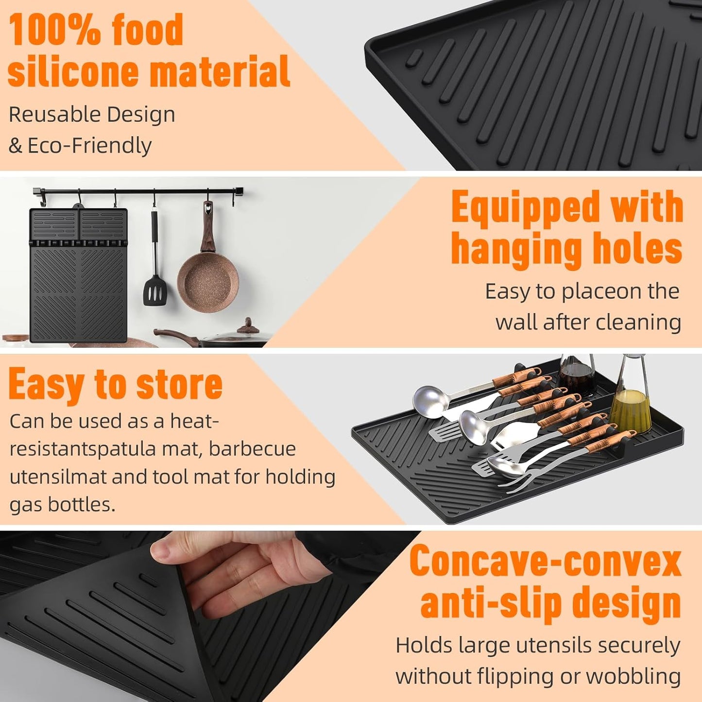 Silicone Grill Mat Compatible with Blackstone, Silicone Griddle Tools with Drip Pad, Spatula Mat for Outdoor Grill Kitchen Counter (Black)