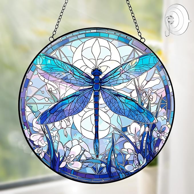 Dragonfly Decor Suncatcher Stained Glass Window Hanging - Handmade Artistic Suncatchers for Windows Hanging - Wall Home Decor Suncatcher with Metal Chain and Hook Gift for Women Mom Home Porch Garden