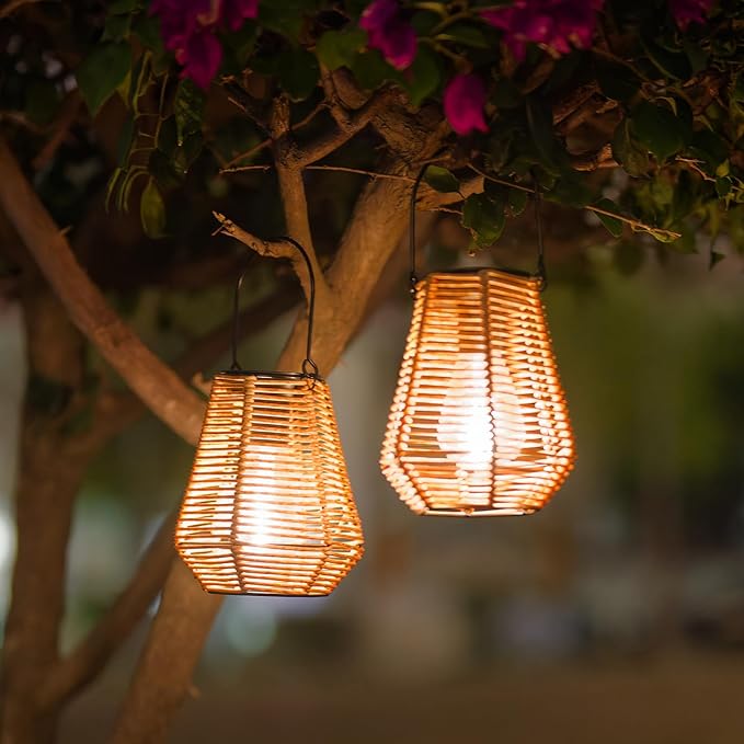 Solar Lanterns Outdoor Waterproof,Solar Lights for Outside Hanging Lights Outdoor Rattan Lantern Decoration for Garden, 2 Pack