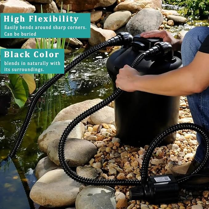 Pond Tubing ID 1 1/4” × 10ft Black Corrugated Flexible Reinforced Waterfall Pond Tube Sump Pump Hose, Non-toxic & Kinkproof (10 ft, 1 1/4" ID)