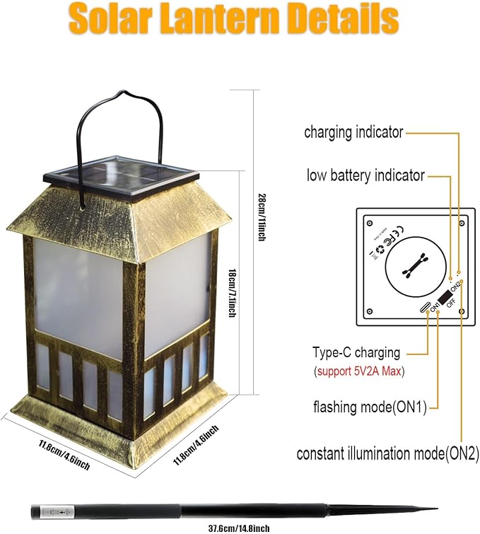 Solar Lanterns Outdoor Waterproof, Pathway Lights with 3D Lighting Effect, Solar & USB C Charging, Metal Garden Decor Hanging Lights for Landscape Yard Patio Lawn Driveway, Warm Light 1 Pack