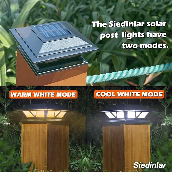 SIEDiNLAR Solar Post Lights Outdoor 2 Modes LED Deck Fence Cap Light for 4x4 5x5 6x6 Posts Patio Garden Decoration Warm White/Cool White Lighting Black (1 Pack)