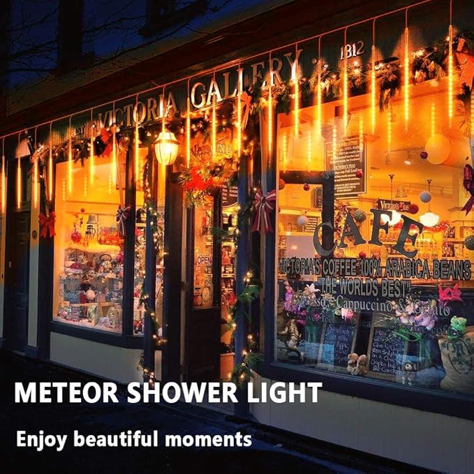 Orange Christmas Meteor Shower Rain Lights, 10 Tube 360 LED 12 Inch Outdoor String Lights, Falling Rain Raindrop Light for Halloween Tree Patio Garden Roof Eaves Decor Waterproof Plug