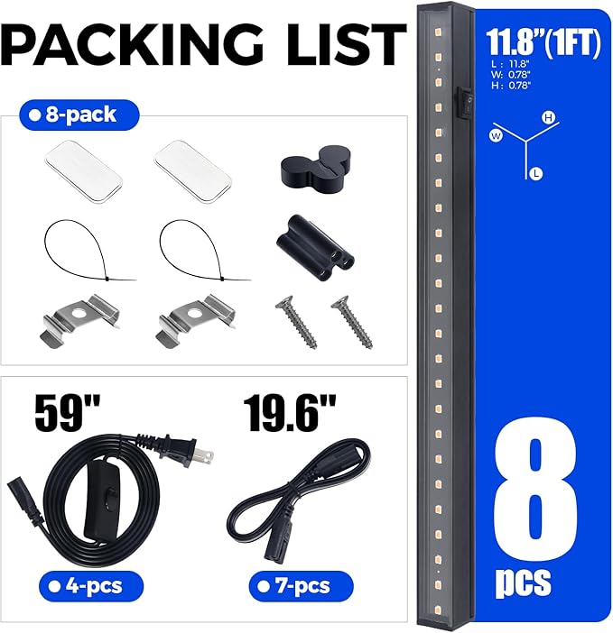 Barrina Grow Lights for Indoor Plants Full Spectrum, 1ft LED Grow Light Fixture, Black Cover LED Plant Grow Light Bulbs for Indoor Plants, Greenhouse, Plug and Play, Linkable Design, Yellow, 8 Packs