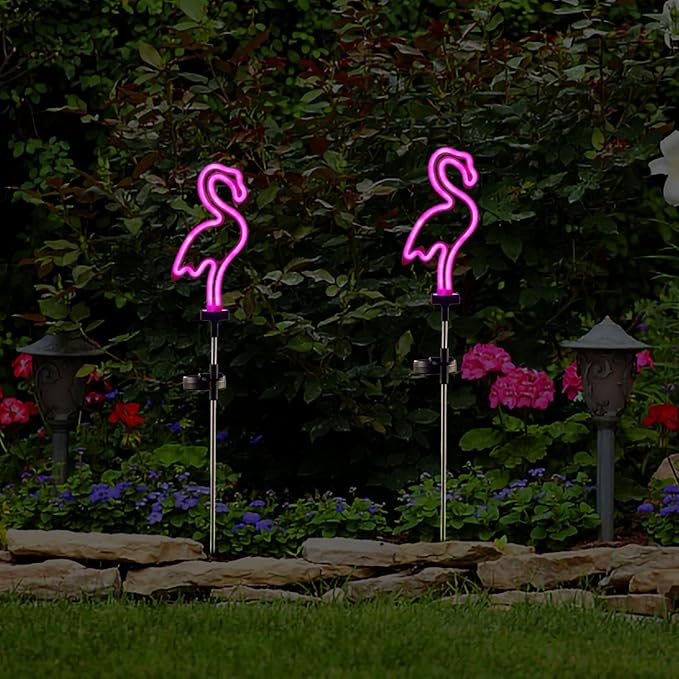 Flamingo Solar Garden Stake Lights, [Set of 2] Outdoor Solar Pathway Light for Lawn Patio Yard Walkway, Neon Pink Lighting (29.5" Height)