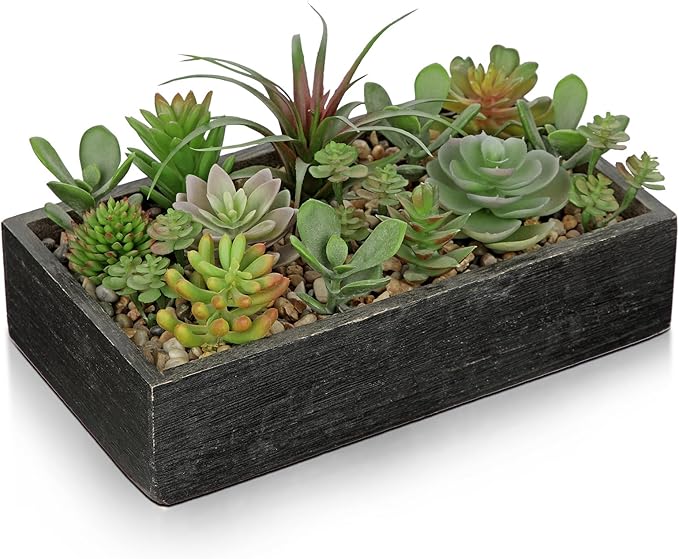 Artificial Succulent Plants in Pot 10 Inch Fake Succulent Arrangement Potted Succulents Plants Centerpiece in Rectangular Wooden Planter for Home Office Desk Shelf Living Room Bedroom Farmhouse Decor
