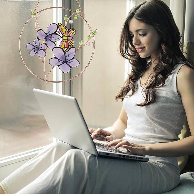 Suncatcher Stained Glass Window Hanging,DASTOLL Floral Butterfly Design Beautiful Suncatchers for Windows,Elegant Sun Catchers for Indoor Window Decor Beautiful Gifts for Butterfly Lovers