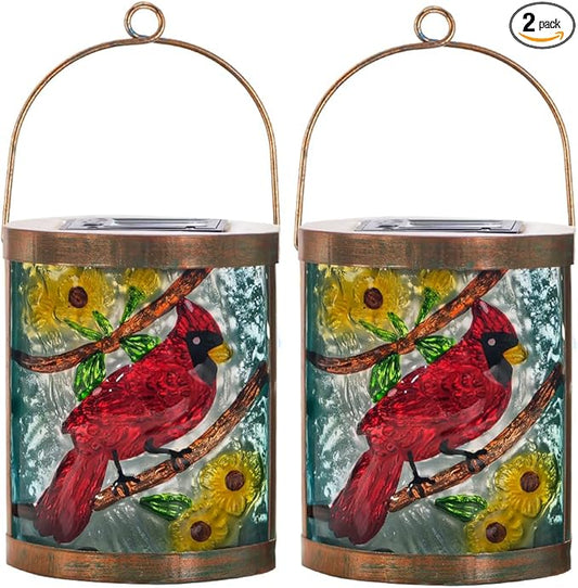 Starsoul 2 Pack Hanging Solar Lantern Outdoor Waterproof Glass Red Cardinal Decorative Solar Lights for Outside Garden Yard Table Patio Decor Cardinal Gifts