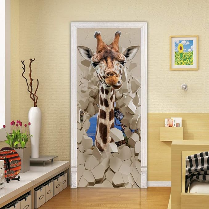 Giraffe 3D Door Sticker Mural - Waterproof PVC, Peel & Stick, Removable, Self-Adhesive Decals for Bedroom, Living Room Decoration - 30.3 x 78.7 inch