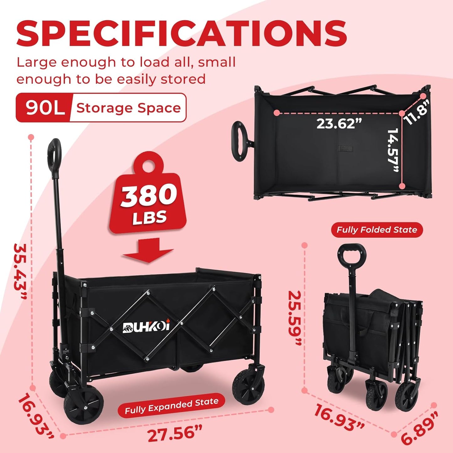 Collapsible Wagon Cart with Wheels Foldable,11 Lbs Lightweight Portable Folding Utility Wagon,90 L Heavy Duty Grocery Shopping Carts,Versatile for Garden Sports Camping Park Outdoor Use