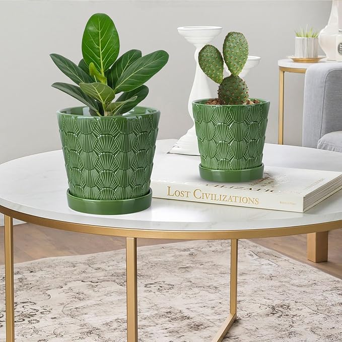 EFISPSS 5+6 Inch Plant Pot, Ceramic Pots for Plants with Drainage, Flower Pots Indoor Pots for Plants, Modern Flower Pots for Home and Office Windowsill Decoration Gift Set of 2 - Patina