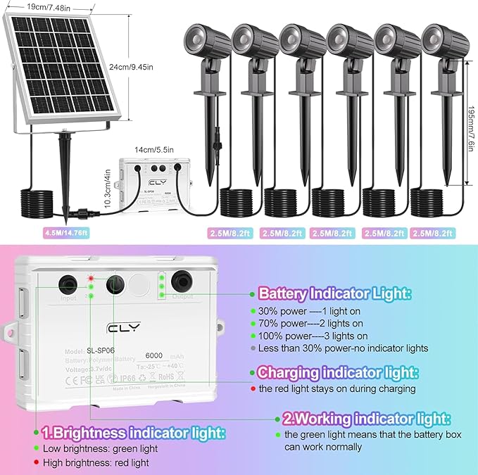CLY Solar 6 in 1 RGB Spotlights Outdoor Garden, 10 Colors 12 Modes Solar Garden Floodlight Landscape Spotlights IP66 Waterproof 59.06ft Cable Spike Light for Lawn, Patio, Balcony